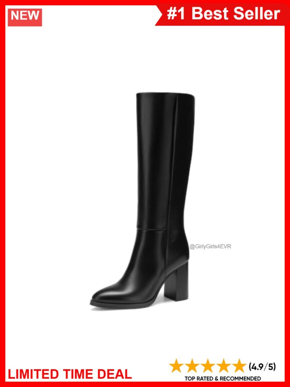 Knee High Faux Leather Heeled Boots Pointed Toe Block Heel Side Zip